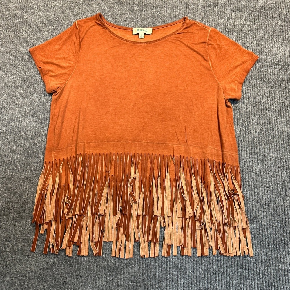 Rockin' G Fringe Hem T-Shirt Large Orange Boho Faux Suede Tassels